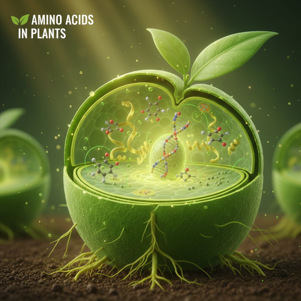 Amino Acids act as essential building blocks for plant protein synthesis. They improve crop growth, increase yield, boost stress tolerance, and support overall plant health through foliar spray or soil application.