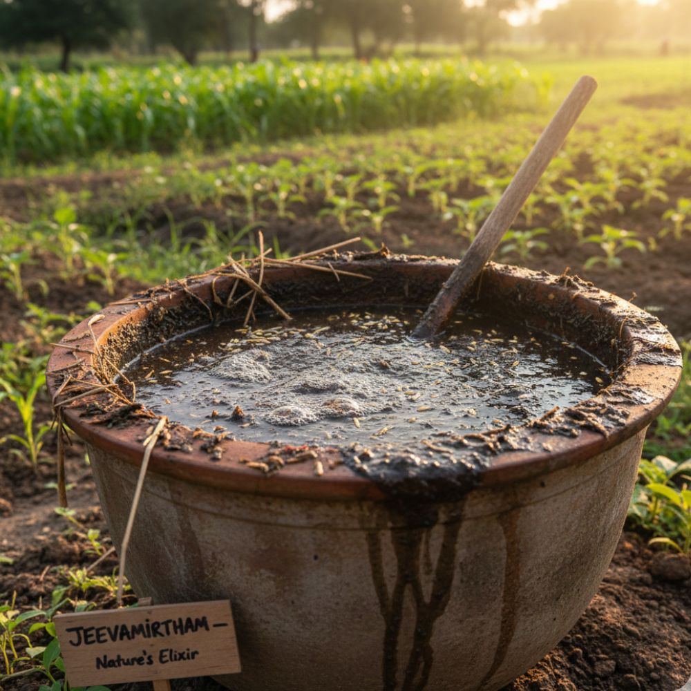 Jeevamirtham is a natural organic soil tonic made from cow dung, cow urine, jaggery, besan flour, and fertile soil. It boosts soil fertility, enhances microbial activity, and promotes healthier, more productive crop growth.