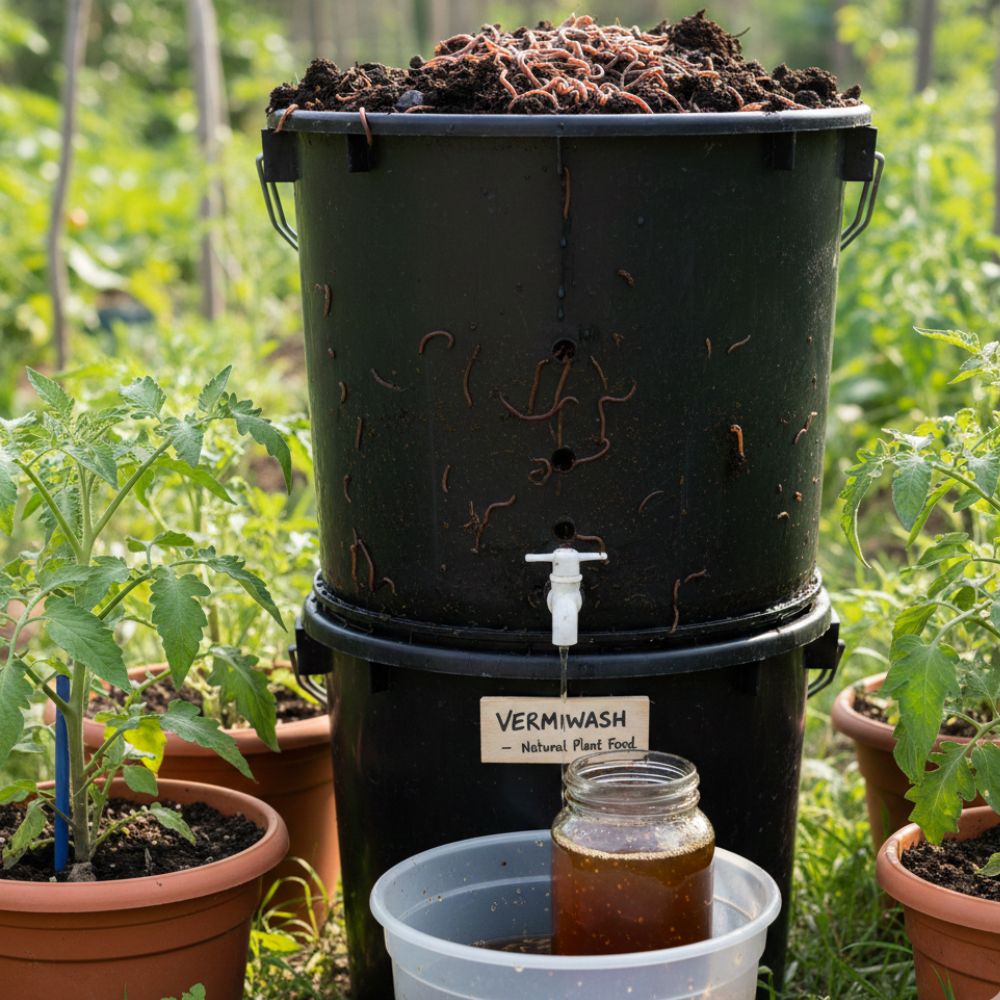 Vermiwash is a nutrient-rich liquid fertilizer obtained from vermicomposting. It acts as a natural foliar spray that improves plant immunity, enhances nutrient uptake, and promotes strong and healthy plant growth.