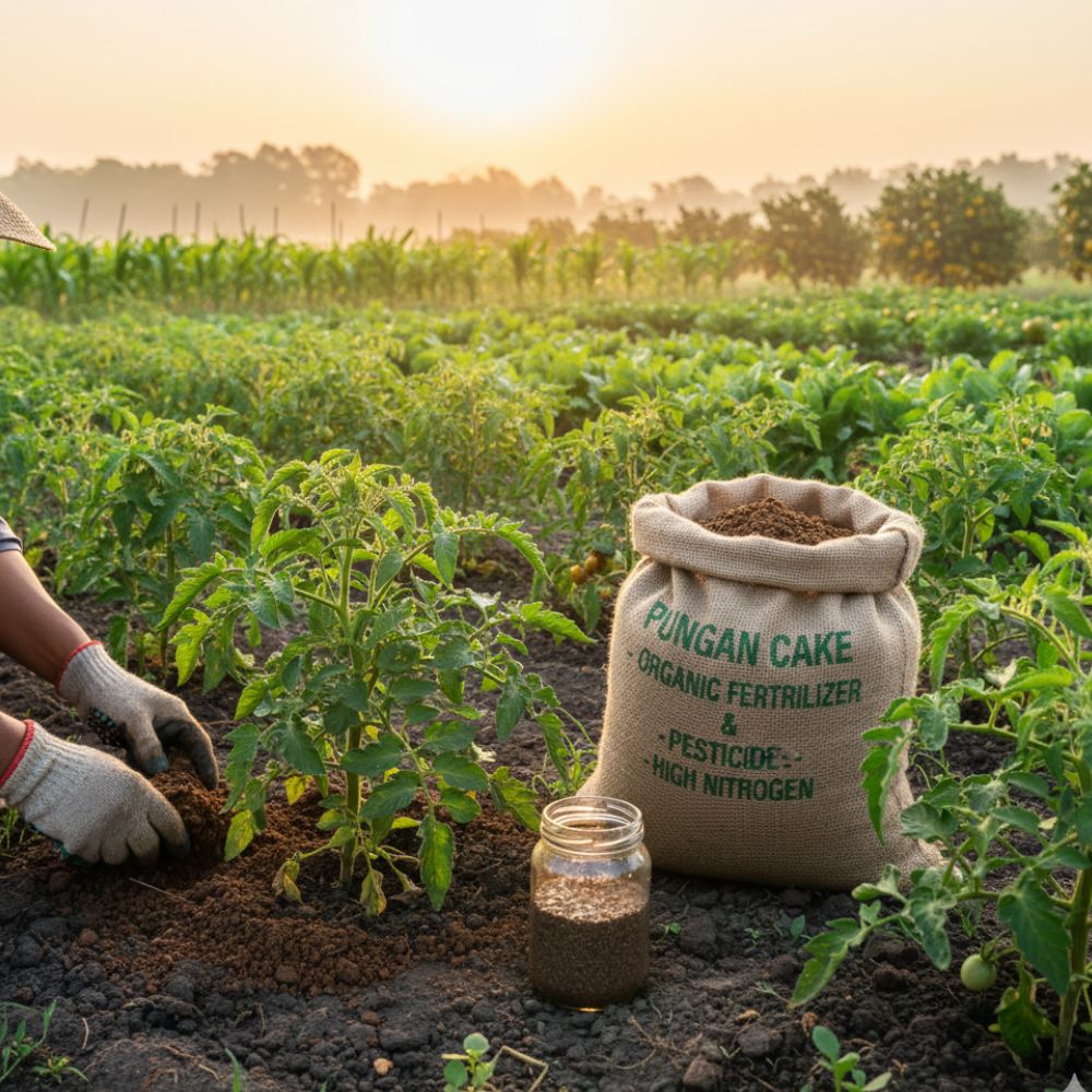 Pungan Cake is a natural organic fertilizer and pest repellent rich in nitrogen. It enhances soil fertility, supports healthy plant growth, and protects crops from harmful insects and soil-borne pests.