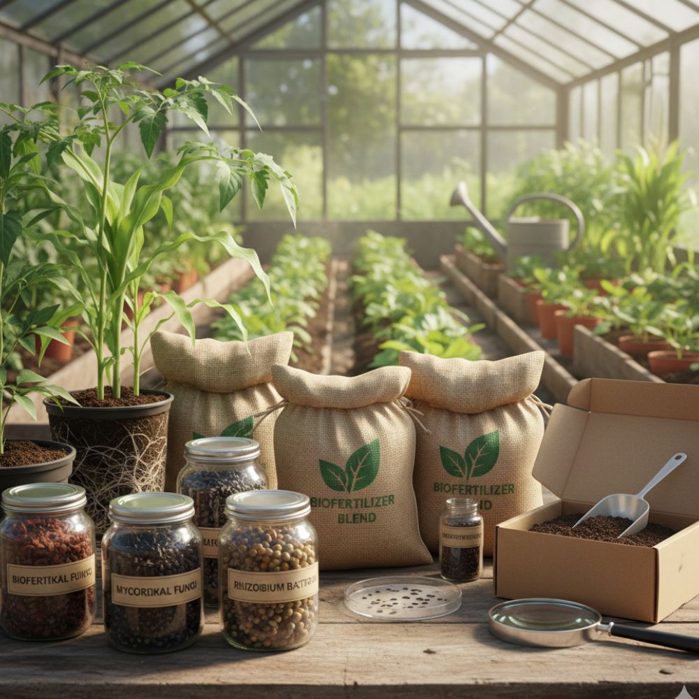 Biofertilizers are living microbial formulations containing Azospirillum, Phosphobacteria, Pseudomonas, Trichoderma Viride, Potash Bacteria, VAM, and more. They improve soil fertility, enhance nutrient uptake, and promote strong, healthy plant growth naturally.