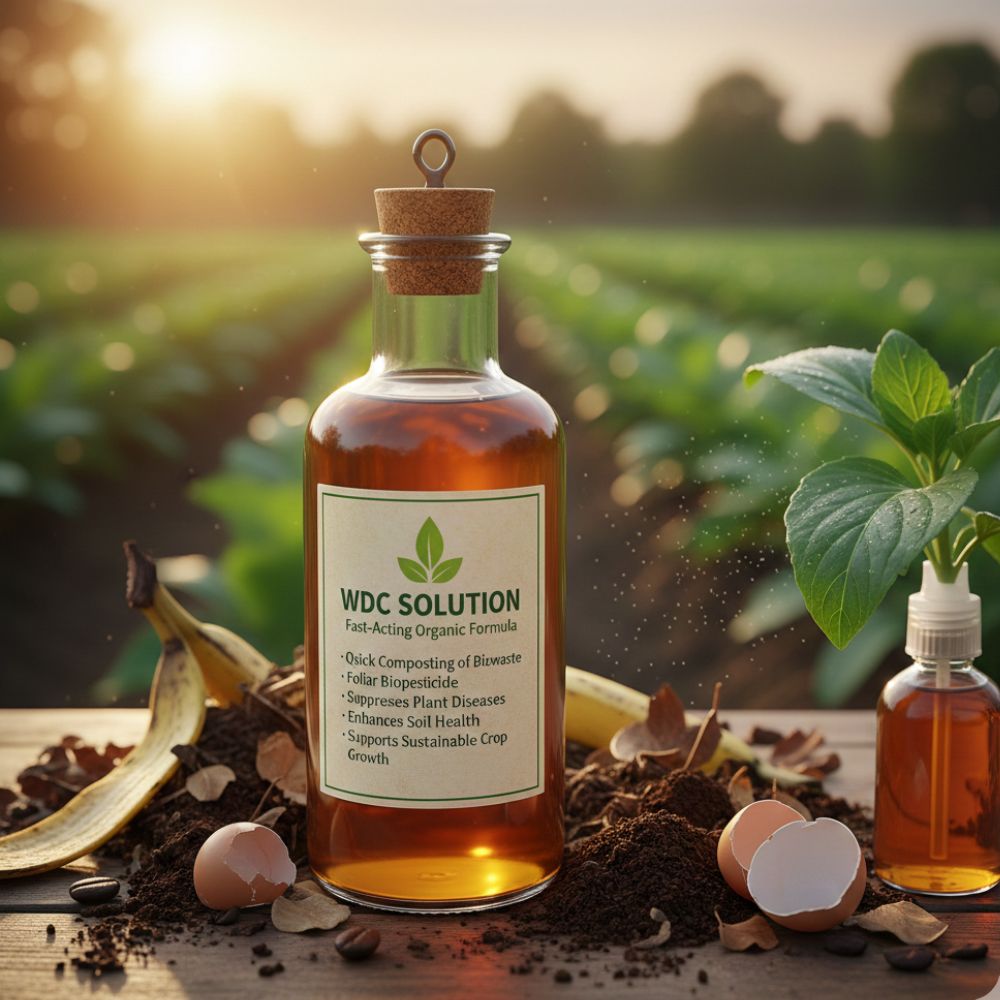 WDC Solution is a fast-acting organic formula used for quick composting of biowaste and as a foliar biopesticide. It suppresses plant diseases, enhances soil health, and supports sustainable crop growth.