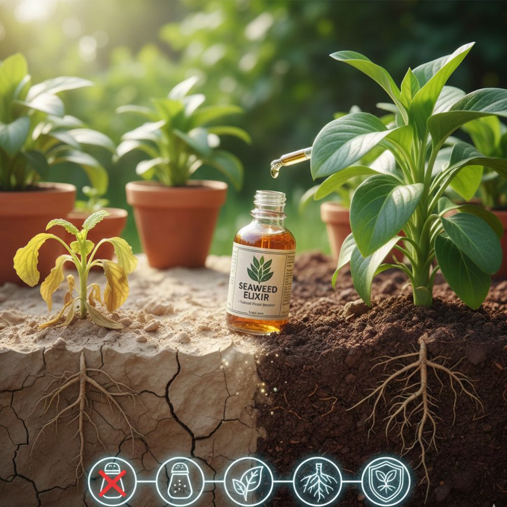 Seaweed extract is a natural plant booster that reduces soil salinity, improves nutrient absorption, enhances root growth, and supports overall plant health. Ideal for improving stressed or over-fertilized soils.