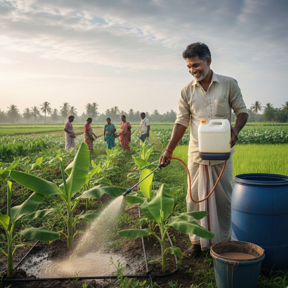 Panchagavya is a natural plant growth promoter made from cow-based ingredients like dung, urine, milk, curd, ghee, jaggery, banana, and tender coconut. It boosts plant immunity, accelerates growth, and enhances overall crop productivity.