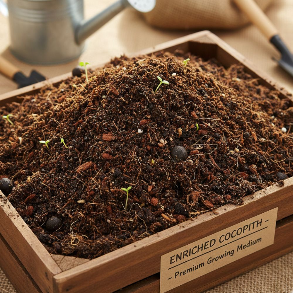 Enriched Cocopith is a nutrient-boosted growing medium fortified with Pseudomonas, Trichoderma Viride, Vermicompost, organic manures, and NPK. It enhances soil fertility, improves softness, and supports strong plant growth in all cultivation systems.